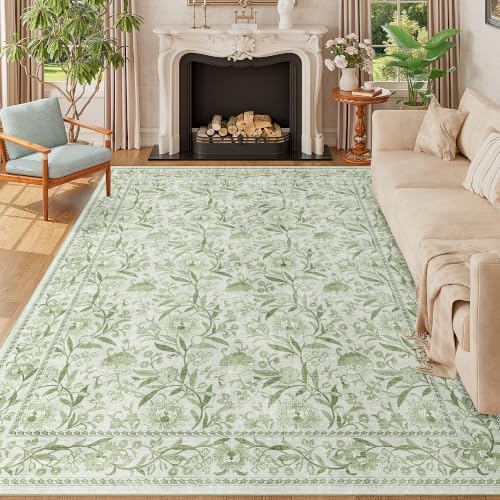 DUKINO 8x10 Area Rug Vintage Floral Washable Rug for Living Room Sage Green by DUKINO