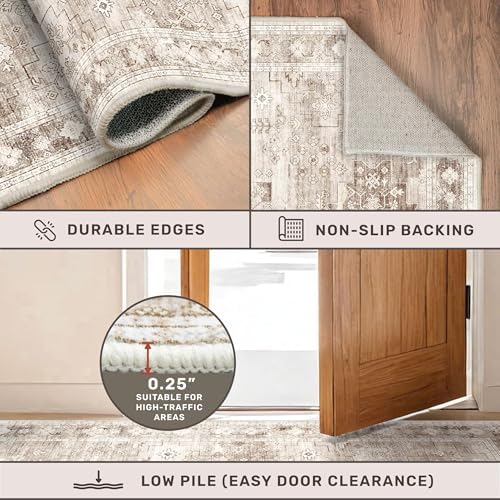 Hazo Haus Washable Neutral Farmhouse Living Room Rug, 4x6 Area Rugs for Bedroom, Nursery Room, Boho Vintage Floral Non-Slip Rug Low Pile Stain Resistant (4x6 Beige/Latte) - Image 4