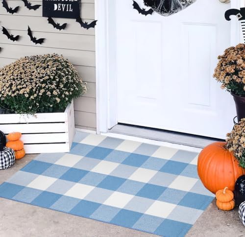 Light Blue and White Layered Doormat 24"x35",Buffalo Plaid Door Mat Outdoor - Image 6