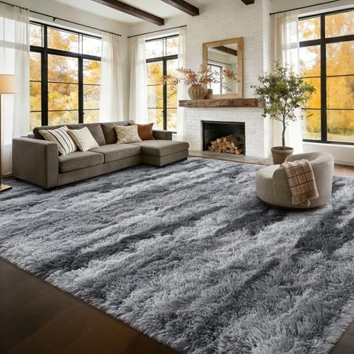 9x12 Extra Large Fluffy Area Rugs Non-Slip for Living Room Tie-Dyed Grey - Image 3