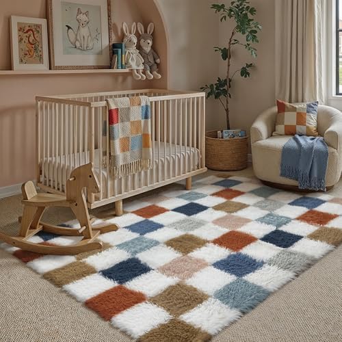 PureCozy Checkered Area Rug 3x5 for Kids Room Soft Fluffy Shag Carpet - Image 4
