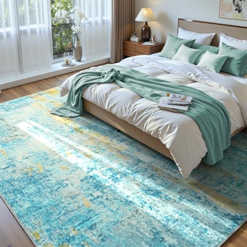 Ompaa Living Room Rug 6x9 Teal Blue Area Rug Machine Washable Boho Rug Non Slip Abstract Vintage Indoor Large Rugs for Bedroom, Classroom, College Dorm, Farmhouse, Dining Room, Kids Playroom - Image 2