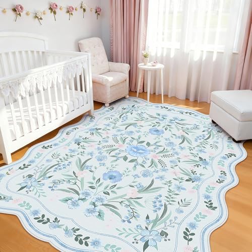 Scalloped Blue Floral Rug 6x9, Washable Soft Faux Wool Area Rug for Living Room, Cute Boho Non-Slip Carpet for Kids Room, Nursery, Bedroom or Office by Dadasgk
