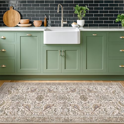 Hazo Haus Boho Moss 2x5 Laundry Room Rug - Floral & Bird Runner Rug for Kitchen Floor, Hallway, Bedroom, Entrance, Taupe Green Neutral Vintage Decor, Washable Non Slip Low Pile by HazoHaus
