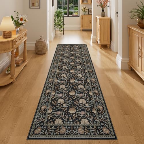 DUKINO 2x6 Runner Rug, Washable Vintage Floral Kitchen Rug, Black by DUKINO