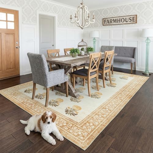Washable Dining Room Rugs for Under Table - 6x9 Beige Brown Floral Area Rug for Living Room, Low Pile Non Slip Floor Carpet for Bedroom, Vintage Distressed Ultra Soft Stain Resistance - Image 3