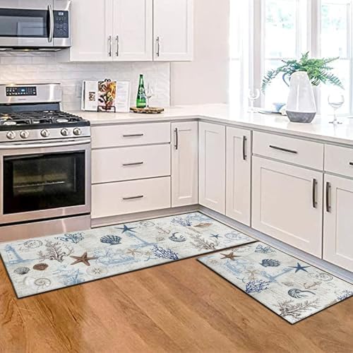 Nautical Kitchen Rug Set of 2,Ocean Themed Kitchen Decor Vintage Beach Kitchen Mat Non-Slip Washable, Farmhouse Kitchen Decor Anti Fatigue Floor Mat for Kitchen Laundry Room,17x30+17x47 Inch - Image 5
