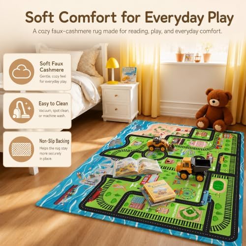 Nayoroom Kids Island Train Map Rug, Faux Wool Track Map, Non-Slip, 5 x 7 ft - Image 5