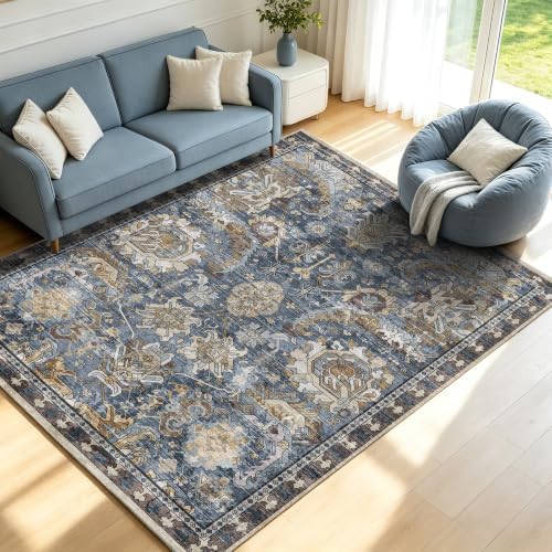 RUGSURE Washable Area Rugs - Perfect for Living Room, Bedroom, Kids Room, Nursery - Stain & Water Resistant Non-Slip, Pet & Child Friendly, Vintage Tribal Area Rugs (Navy, 5' x 7') by RUGSURE