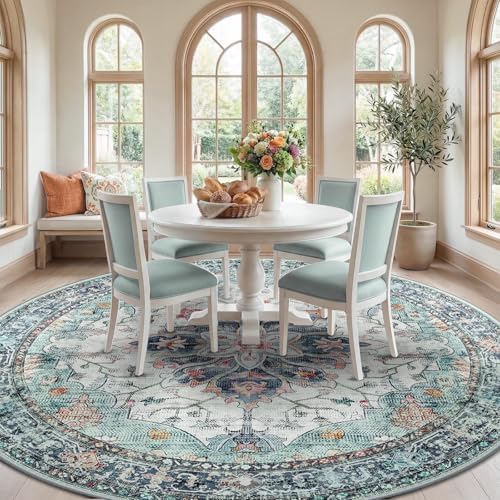 RELEANY Washable Area Rug, Round 8ft, Teal Green/White/Navy - Image 2