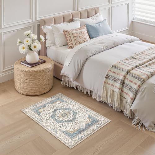 2x3 Washable Entryway Rug: Non-Slip Soft Small Indoor Area Rug for Bedroom Kitchen, Low Pile Stain-Resistant Durable Vintage Floral Carpet for Porch Laundry Kids Room Home Decor (Blue) - Image 4