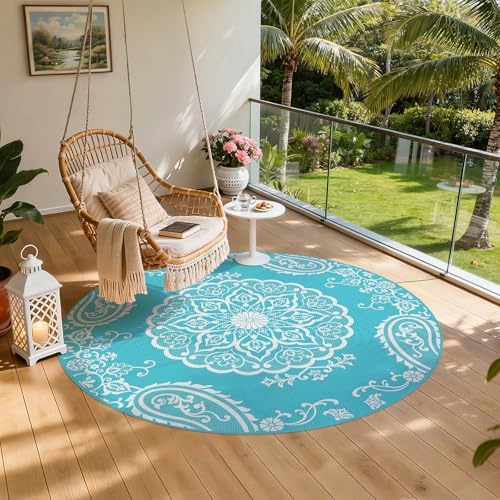 Pauwer Outdoor Rug 8ft, Waterproof Plastic Straw Camping Rug, Boho Teal - Image 7