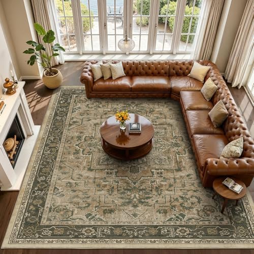 Large Area Rugs 10x12, Living Room Bedroom Carpet Extra Large Size Washable Non Slip, Vintage Distressed Medallio Low Pile Thin Rug for Big Dining Room, Multi Brown/Olive by Jainmy