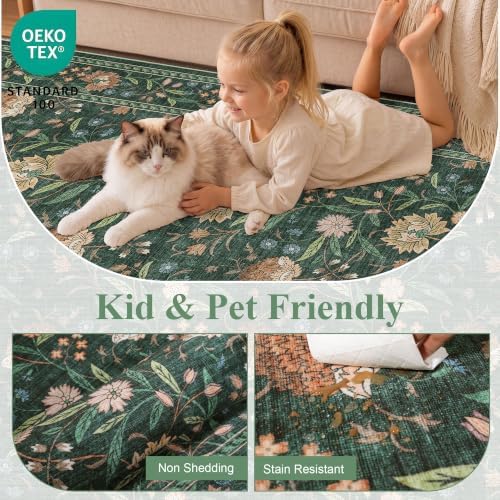 DUKINO 2x4 Rug, Washable Vintage Floral Entryway Rug Non Slip, Green - Image 4