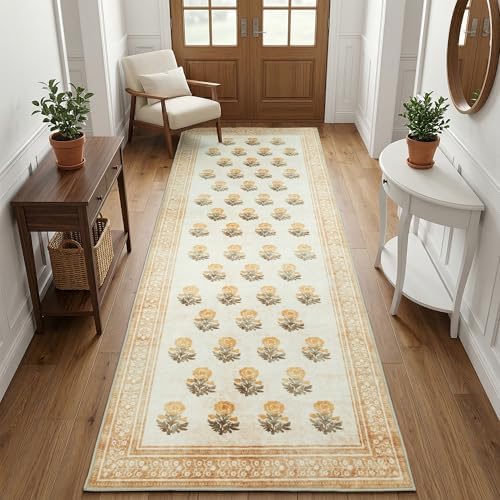 Non Slip 2x6 Kitchen Runner Rug Washable, Hallway Runner Rugs, Boho Vintage Floral Beige Brown Non Skid Carpet Stain Resistance Ultra Soft Low Pile for Entryway, Bathroom Mats for Floor by SparkleGaze