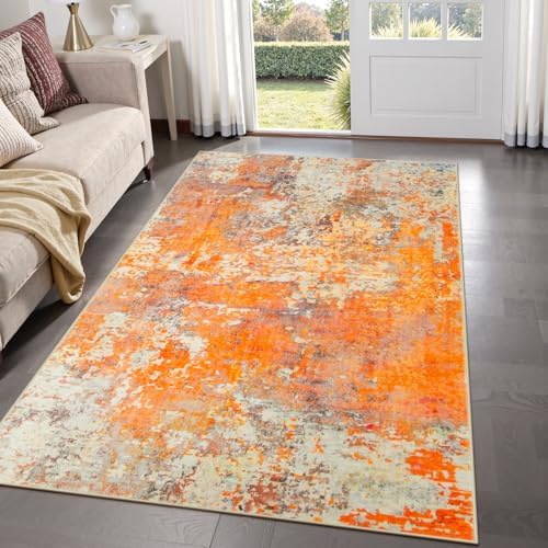 Lahome Modern Abstract Area Rug - Soft 3x5 Rugs for Bedroom Washable Living Room Entryway Rug, Contemporary Non Slip Indoor Accent Carpet for Nursery Office Kitchen Bathroom, Orange/Yellow by Lahome