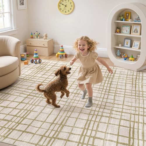 UERMEI 9x12 Area Rug Living Room Rugs Washable Neutral Green Brown Carpet - Image 5