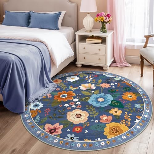 RELEANY Floral Washable Round 6ft Area Rug Blue/Grey - Image 2