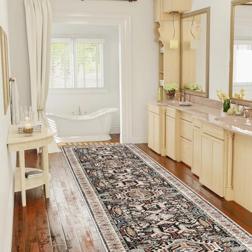 Washable Kitchen Runner Rug 2'6''x12' - Non-Slip Hallway Entryway Rugs with Rubber Backing Soft Thin Carpet for Bathroom Vintage Stain Resistant Indoor Home Decor Mat for Bedroom (Black, 2'6'' x 12') - Image 2