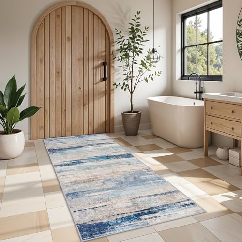 Kitchen Washable 3x6 Runner Rug - Modern Abstract Non Slip Light Weight Runner Rugs for Small Homes Stain Resistant Hallway Bedroom Carpet Indoor Home Decor Floor Mat for Laundry Bathroom 3x6 Blue by YOUFORTONG