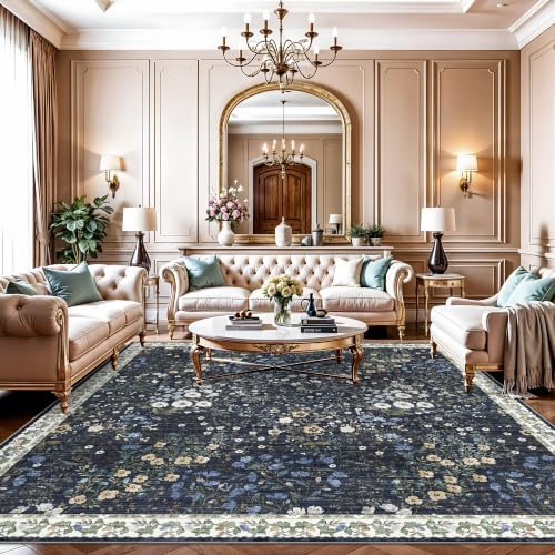 10x10 Square Area Rug Living Room: Boho Floral Washable Mat for Dining Room Bedroom Office High Traffic Area Soft Non Slip Low Pile Indoor Carpet for Vintage Farmhouse Home Decor (10ft Square, Blue) by YOUFORTONG
