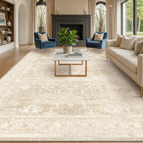 Neutral 8x10 Beige Area Rugs for Bedroom, Living Room, Cottagecore Boho Abstract Distressed Washable Ivory and Champagne Rug for Dining Room, Stain Resistant Low Pile Anti-Slip Ultra Soft - Image 3