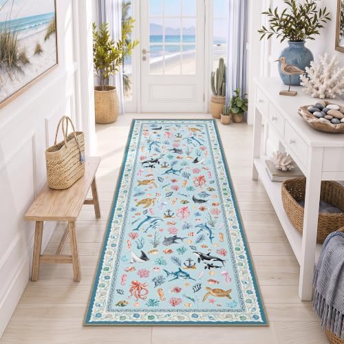 Arenarug Coastal Runner Rug 2x6 Washable Kitchen Runner Rug, Coastal Blue - Image 2
