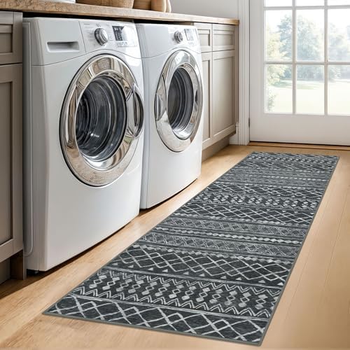KUTA 2x6 Washable Runner Rug Dark Grey Beige Moroccan Boho Rug Runner - Image 4