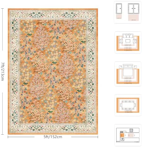5x7 Area Rugs, Floral Washable Area Rugs for Living Room, Indoor Area Rug for Bedroom, Dining Room, Low Pile Non-Slip Nursery Rug(Orange Floral) - Image 2