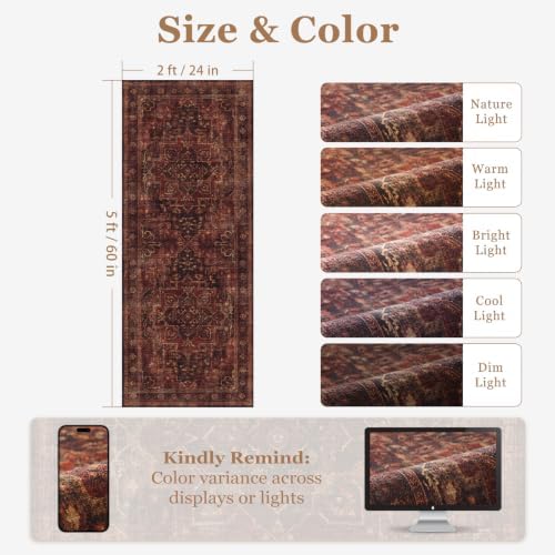 Washable Hallway Runner Rug 2'x5', Vintage Medallion, Dark Red - Image 2