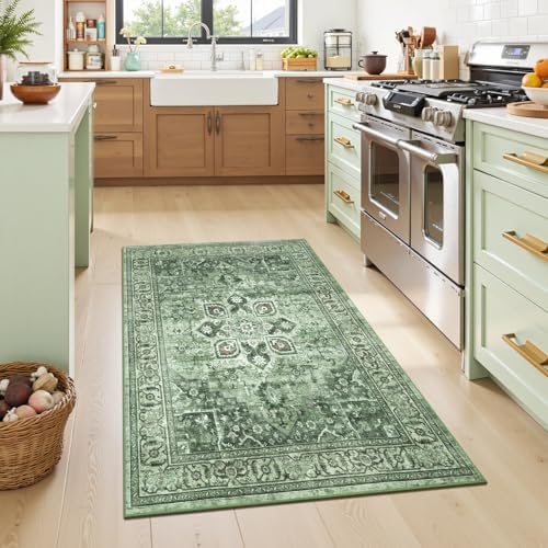 Sage Green Vintage 3x5 Entryway Rug, Vintage Farmhouse Boho Carpet - Image 4