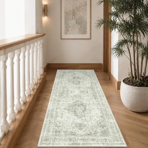 3x7 Washable Kitchen Runner Rug Non-Slip Medallion Green Throw Carpet - Image 4