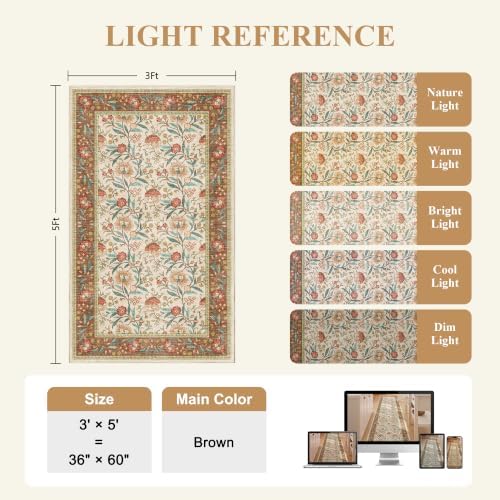 DUKINO 3x5 Rug, Washable Vintage Floral Bedroom Area Rug Non Slip, Brown - Image 2