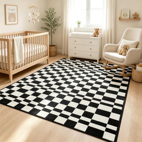6x9 Checkered Rug for Living Room, soft Low Pile black and white Area Rugs - Image 4