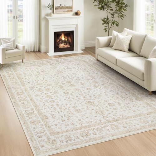 6x9 Area Rugs for Living Room: Washable Vintage Floral Rug Low Pile Non-Slip Boho Carpet for Nursery Bedroom Dining Room (Vintage Beige, 6'x9') by LOSBULAKE