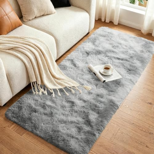 2x10 Tie-dye Grey Fluffy Soft Runner Rug Non-Slip for Bedroom Dorm Hallway - Image 3