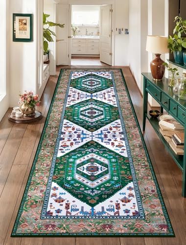 SERISSA 2'6"x8' Washable Non Slip Boho Runner Rug for Hallway，Green White by SERISSAHomeDecorCollection