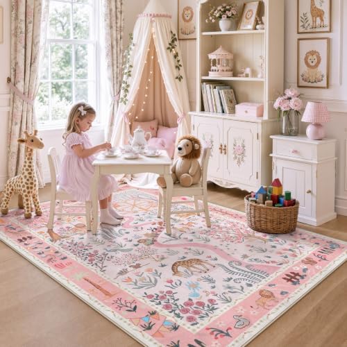 Tribesigns Washable Zoo Floral 5x7 Pink Area Rug for Girls Bedroom, Soft Cute Nursery Kids Room Rug, Non-Slip Low Pile Indoor Animal Print Carpet Rugs for Kids Playroom Living Room, Pink/5x7 - Image 3