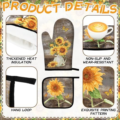 Fourluoo 10 Pcs Sunflower Kitchen Rugs Oven Mitts Pot Holders Set - Image 5