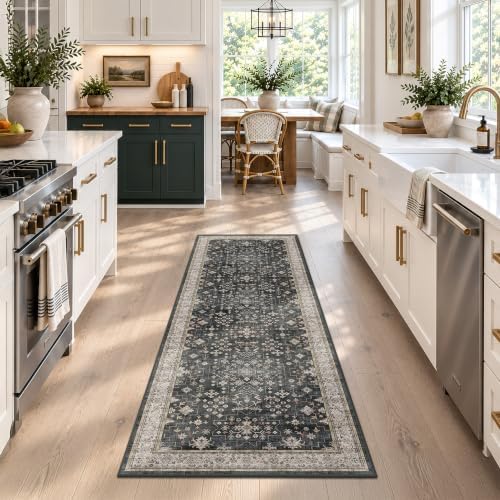 Dark Washable Long Runners for Hallways, 2'6"x8' Wide Kitchen Runner Rug, Entryway Indoor Rug, Non Slip Rubber Backing Boho Vintage Floor Decor, Ashen/Multi - Image 3
