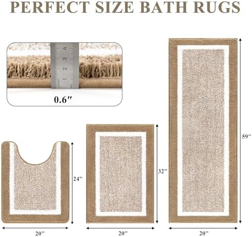 Pauwer Bathroom Rug Sets 3 Piece, Non Slip Washable Bath Mat, Khaki - Image 2