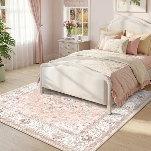 CAPALOCA Square 5ft Washable Nursery Girls Low Pile Area Rug Pink - Image 3