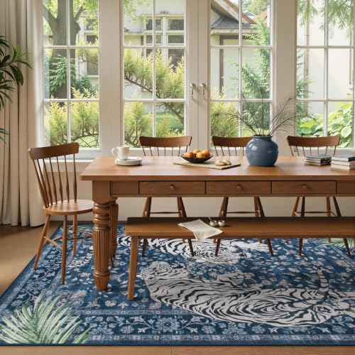 Moynesa Tiger Washable Area Rugs for Living Room, 5x7 Vintage Soft Rug for Bedroom, Non Slip Boho Botanical Ultra Thin Large Stain Resistant Throw Rug for Dining Guest Room, Blue - Image 6