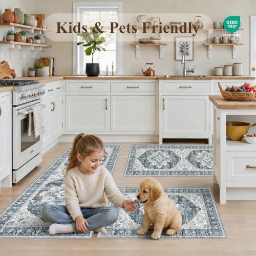 Kitchen Mats for Floor 3 Piece Set: Non-Slip Washable Boho Area Rugs and Runner for Sink,Entryway,Bathroom Soft Low Pile Throw Rugs Floor Carpet for Laundry, Hallways,Entrance(Blue,2x3+2x4+2x5) - Image 6