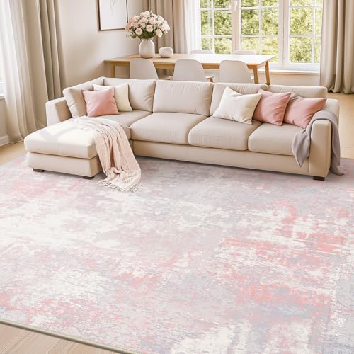 RELEANY Washable 5'x8' Abstract Area Rug for Living Room Gray Pink - Image 4