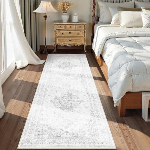 2.6x8 Washable Kitchen Runner Rug Soft Medallion Gray Throw Carpet - Image 3