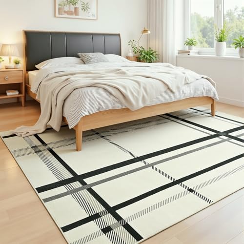 Terrug Beige Striped Checkered Rug for Living Room, 5x7 Washable Area Rugs - Image 3