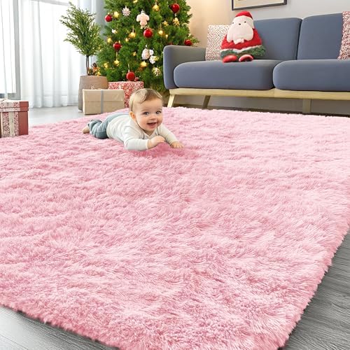 OLANLY 8x10 Machine Washable Large Area Rugs for Living Room, Bedroom, Soft Fluffy Shaggy Bedside Rug, Indoor Floor Carpet for Kids Girls and Boys, Dorms, Nursery, Home Decor Aesthetic, Pink by OLANLY