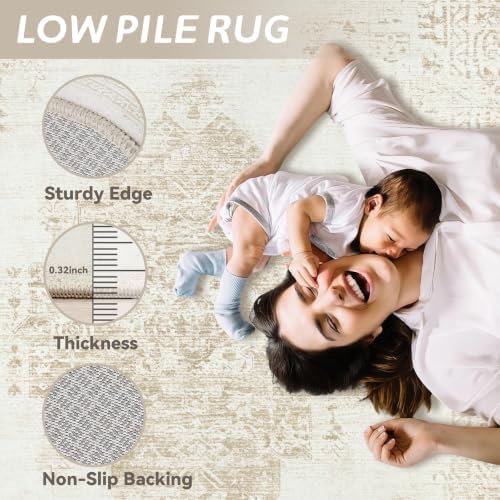 8x10 Area Rugs for Living Room: Washable Vintage Large Retro Rug Soft Non-Slip Indoor Low Pile Carpet for Bedroom Dining Room Office (Cream Beige, 8'x10') - Image 5