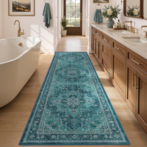 Washable Hallway Runner Rug 3'x8', Vintage Medallion, Boho Teal - Image 4